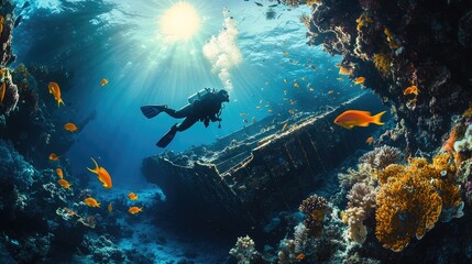 Fototapeta premium Scuba Diver Exploring Sunlit Reef