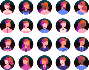 set of avatar cartoon user profile image collection for UI mobile Male and female faces. Men and women portraits. Unknown or anonymous person gradient style illustrations vector group of people