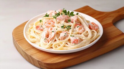 A creamy shrimp pasta dish served on a wooden board, garnished with herbs, showcasing a delicious and inviting meal.