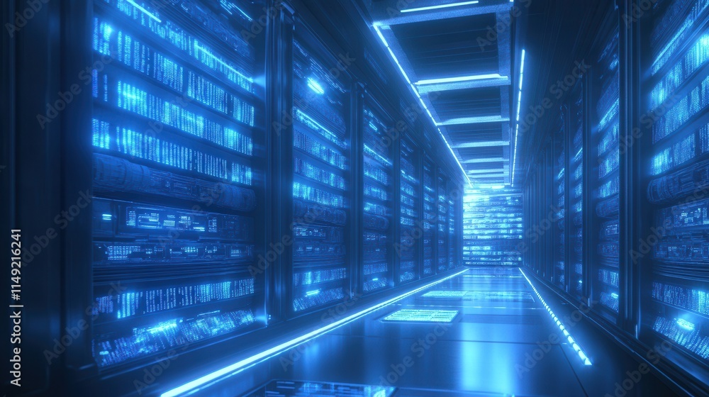 Poster futuristic server room corridor blue neon lights illuminate data center servers with glowing code - 