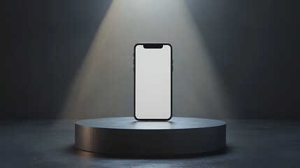 Close-up of smartphone with blank screen on podium with high-quality lighting