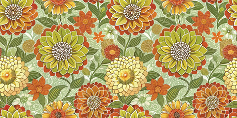 Vibrant floral pattern featuring oversized flowers in warm hues of orange and green.