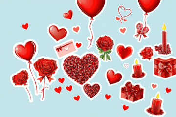collection of romantic Valentine themed stickers featuring red hearts, roses, balloons, candles, and gift boxes on light blue background