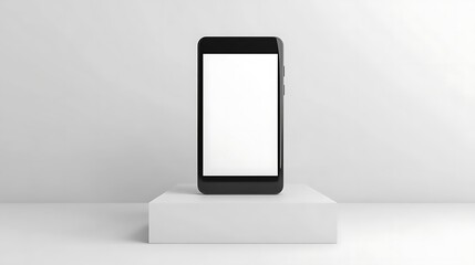 Modern mobile phone with blank screen displayed on podium against a white backdrop
