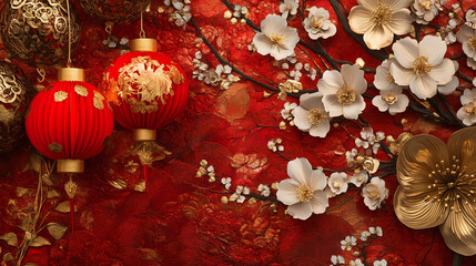 Fototapeta premium close-up shot captures vibrant red and gold imlek decorations with ornate lanterns, intricate paper cuttings, and blooming cherry blossoms beautifully complementing a textured background