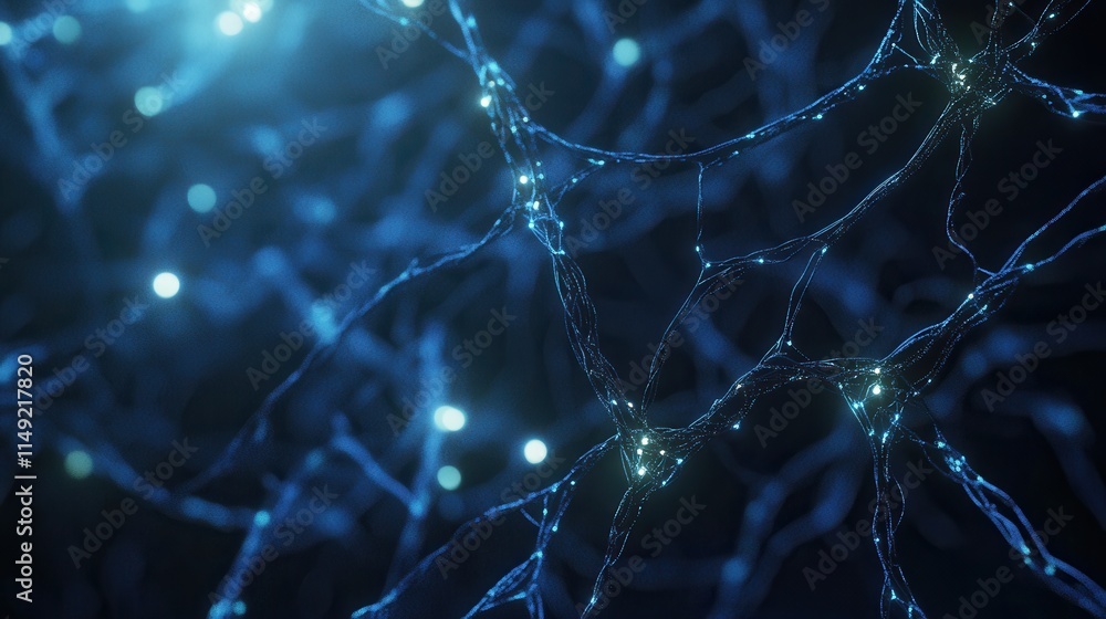 Poster abstract neural network glowing blue synapses and connections, microscopic view of brain cells, high