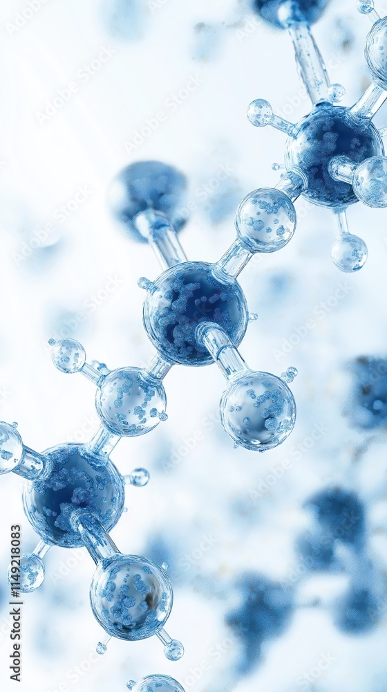 Poster abstract close-up view of dynamic blue molecular structures. intricate interactions between particle