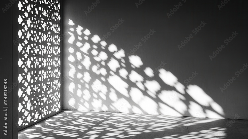 Poster architectural light and shadow abstract monochrome pattern cast by ornamental screen on wall and flo