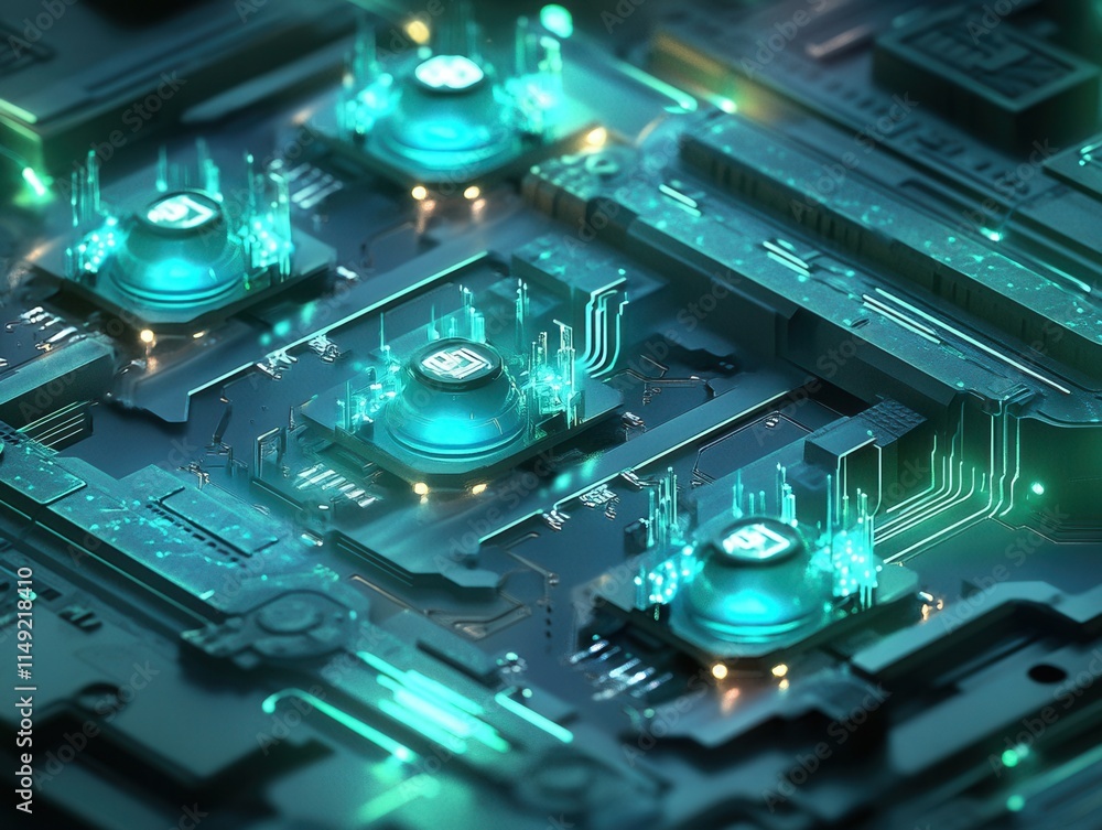 Aufkleber futuristic teal circuit board close-up of abstract technology and digital components with glowing el