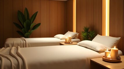 A spa room with massage beds, aromatherapy candles, and soft lighting