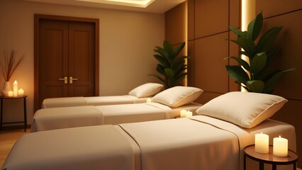 Fototapeta premium A spa room with massage beds, aromatherapy candles, and soft lighting