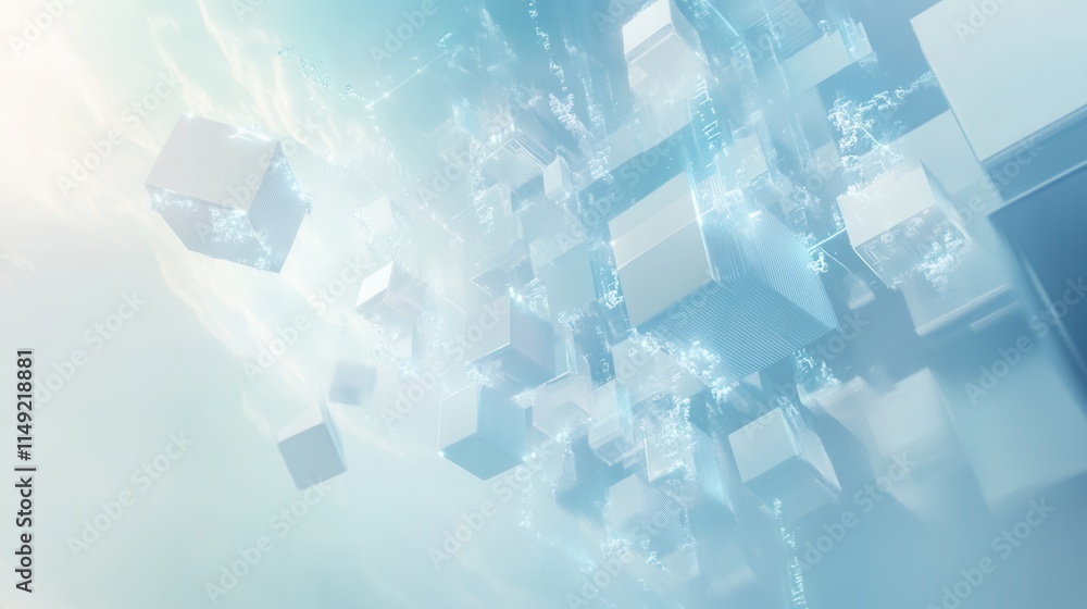 Aufkleber abstract 3d render of floating cubes in a light blue haze futuristic technology and data concept.