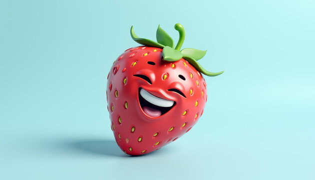 Joyful 3D cartoon strawberry character with a big smile and playful expression on a pastel background