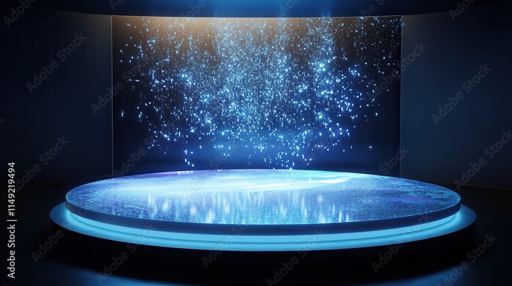 Poster futuristic blue glowing platform with sparkling particle effects - abstract technology background