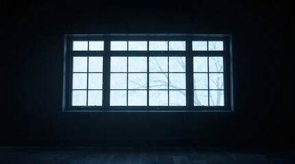 Large window in a dark room with a winter snowfall scene outside.