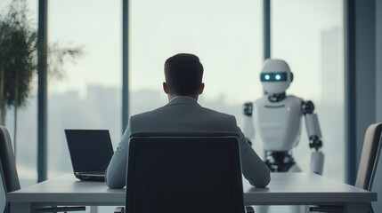 Businessman in Modern Office Meeting with Futuristic Robot, AI Collaboration Concept