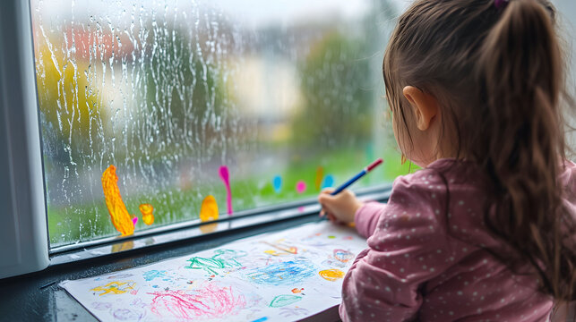 A young child engages in creative drawing while gazing out at the rain-soaked window.