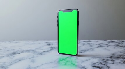 Green screen smartphone mockup standing sideways on a marble surface