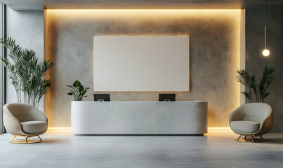 Modern reception area with minimalist design and seating.