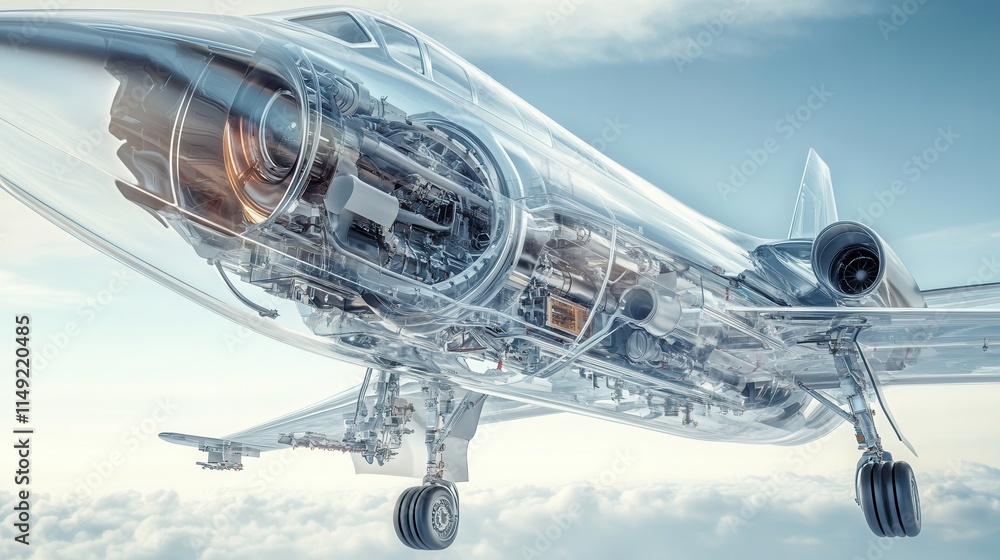 Poster transparent x-ray view of a private jet engine and internal mechanics in flight above clouds - 3d re