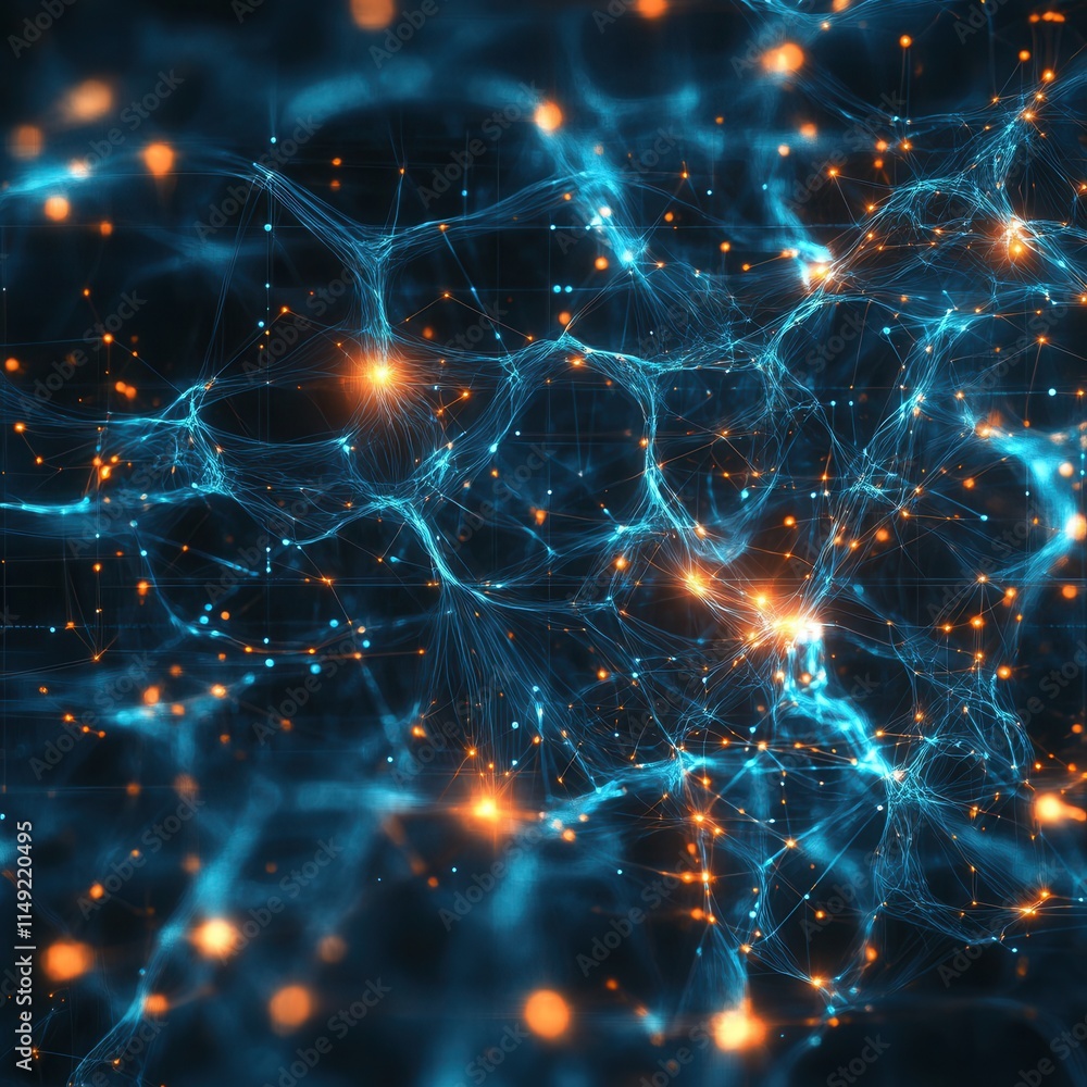Poster abstract network connection glowing blue and orange nodes in a digital neural network - futuristic t
