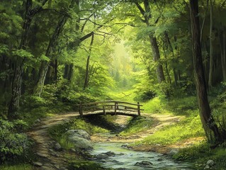 Serene Wooden Bridge Over a Creek in a Lush Green Forest - Tranquil Nature Scene Painting