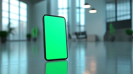 Side view of smartphone mockup with green screen on a bright smooth surface
