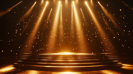 Dramatic stage with golden lighting and sparkling effects during a performance. 