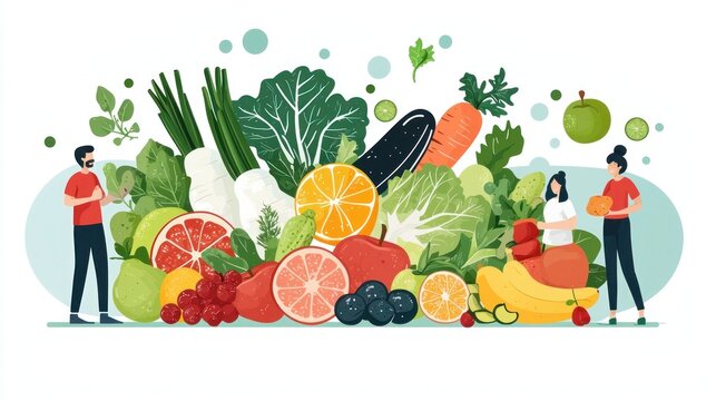 Family Eating Balanced Meal Together: 2D Flat Illustration of Healthy Food Choices at Dinner Table on White Background