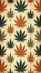 Tribal cannabis pattern with stylized leaves and geometric motifs in earthy tones of orange, green, and beige. Natural, bold, and culturally inspired design