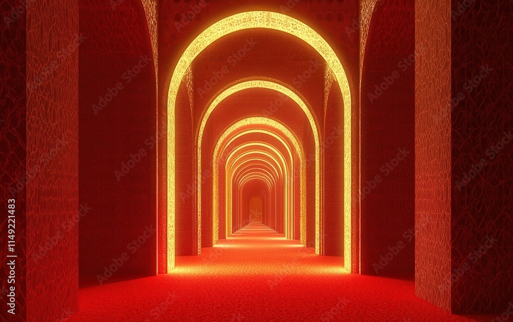Poster abstract red and gold archway corridor surreal 3d render of an infinite perspective tunnel with glow