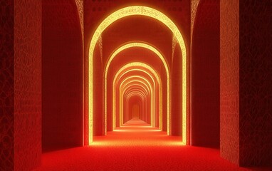 Abstract Red and Gold Archway Corridor Surreal 3D Render of an Infinite Perspective Tunnel with...