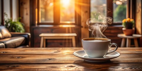 Steaming cup of hot coffee on a wooden table in a cozy breakfast nook, breakfast, coffee