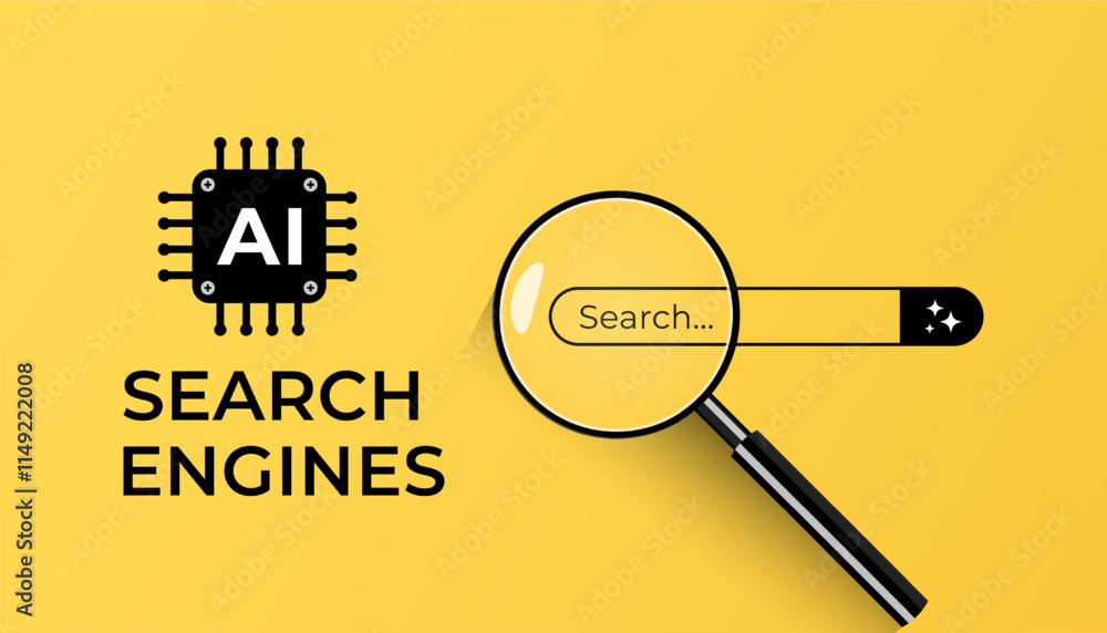 Poster ai search engines concept with search engine bar and magnifying glass. artificial intelligence techn