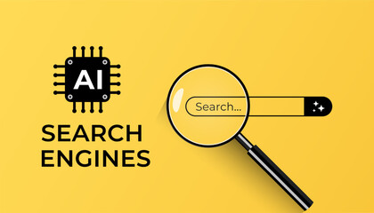 AI search engines concept with search engine bar and magnifying glass. Artificial intelligence technology