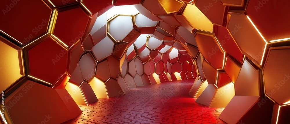 Poster abstract red and gold hexagon tunnel futuristic architecture, 3d render, background, design element