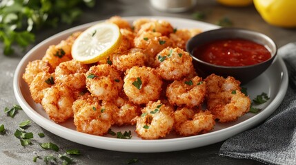 Crispy fried shrimp with lemon and spicy dipping sauce.