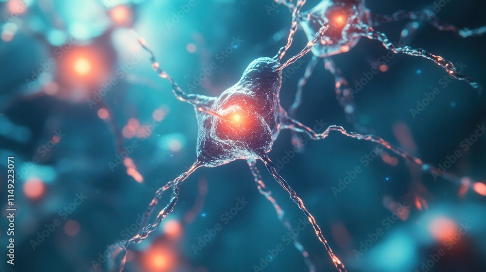 Poster microscopic view of neuron network glowing synapses and neural connections in vivid teal and orange 