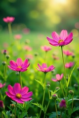 Fototapeta premium Blooms of cosmos flowers amidst lush green grass, gentle sunlight filters through, grass, flowers