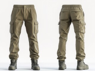 Men's Khaki Cargo Pants with Elastic Waistband and Ankle Boots - Front and Back View - High-Resolution 3D Render