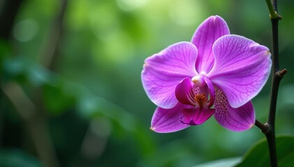 exotic purple orchid with intricate details lost in a blurred tropical environment, botany, colorful plants