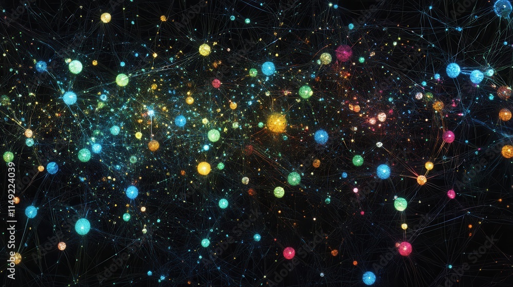 Poster abstract colorful network glowing nodes and interconnected lines, representing data, connection, and