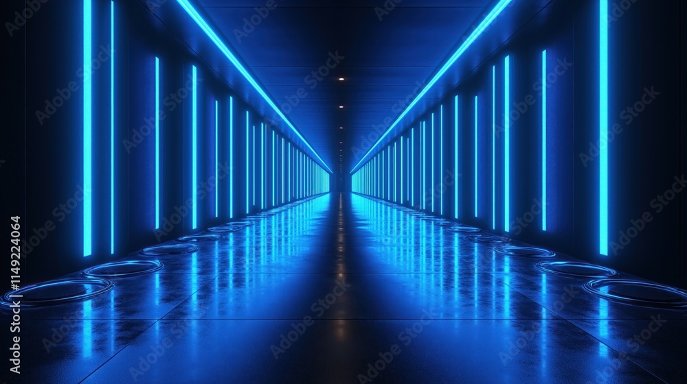 Poster dark futuristic corridor with bright blue neon lights. abstract black background with blurred reflec