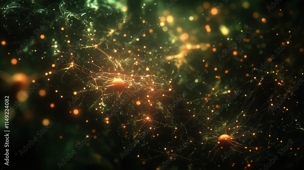Poster abstract neural network glowing nodes and connections in dark green background - futuristic science 