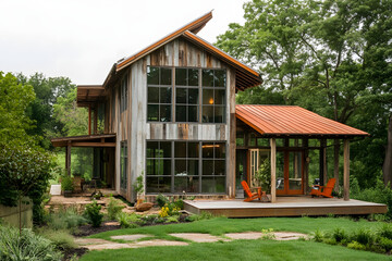 houses being built using recycled materials like reclaimed wood, recycled steel, and eco-friendly concrete.