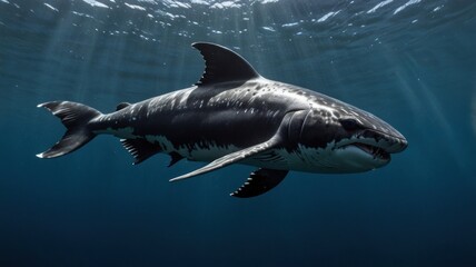 Fototapeta premium Majestic tiger shark swimming underwater in sunbeams.