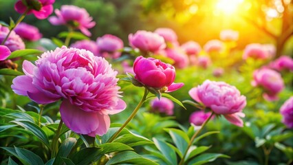 Vibrant pink peony flowers in a lush garden setting with soft focus and warm sunlight filtering through leaves , pink flowers, beautiful background