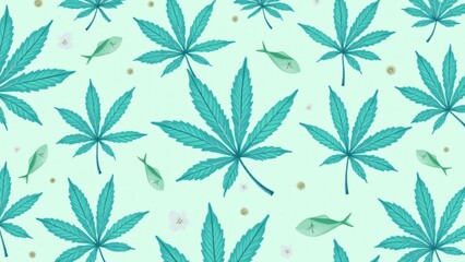 Fototapeta premium Cannabis pattern with aquatic motifs, featuring rippling water textures and fish silhouettes in soft blues, teals, and greens. Natural, serene, and fluid design