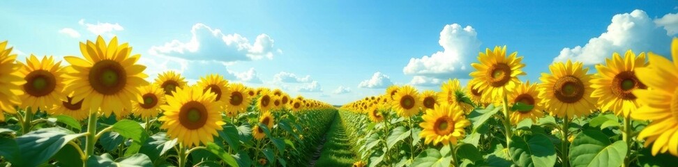 a field of tall sunflowers stretching towards the bright blue sky, sky, field