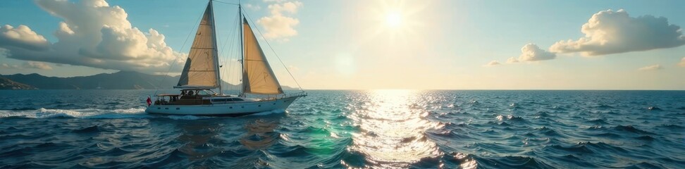 Fototapeta premium Sailing vessel navigating through serene open ocean landscape with sun shining down on deck, ocean, sailboat